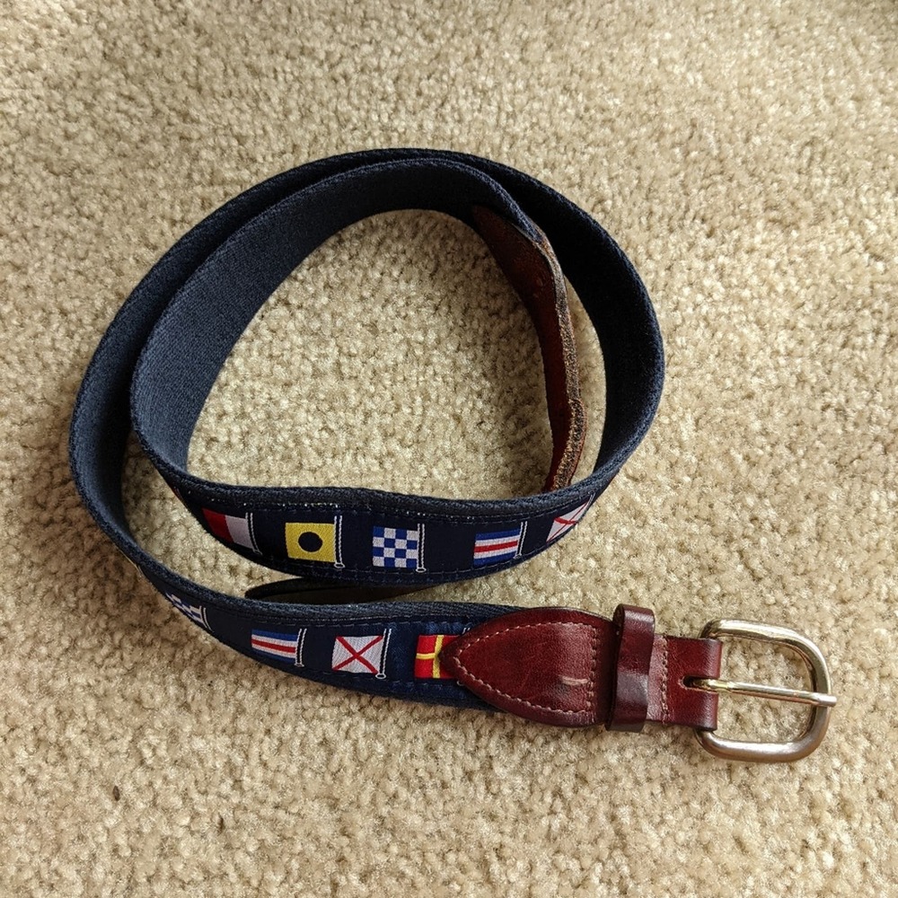 Brown Leather Navy Canvas Nautical Flags Belt 36